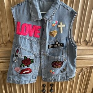 Embroidered Denim Vest with Patches